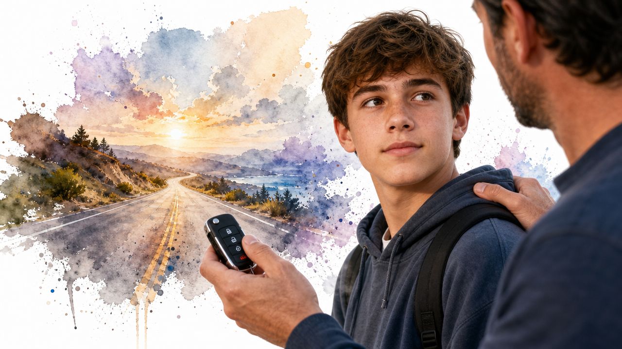 A father handing car keys to his teenage son with a scenic road trip background illustration.
