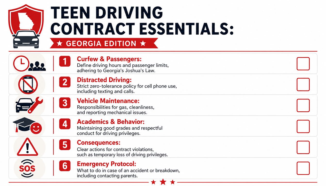 A checklist for a teen driving contract in Georgia listing six essential safety and responsibility rules.