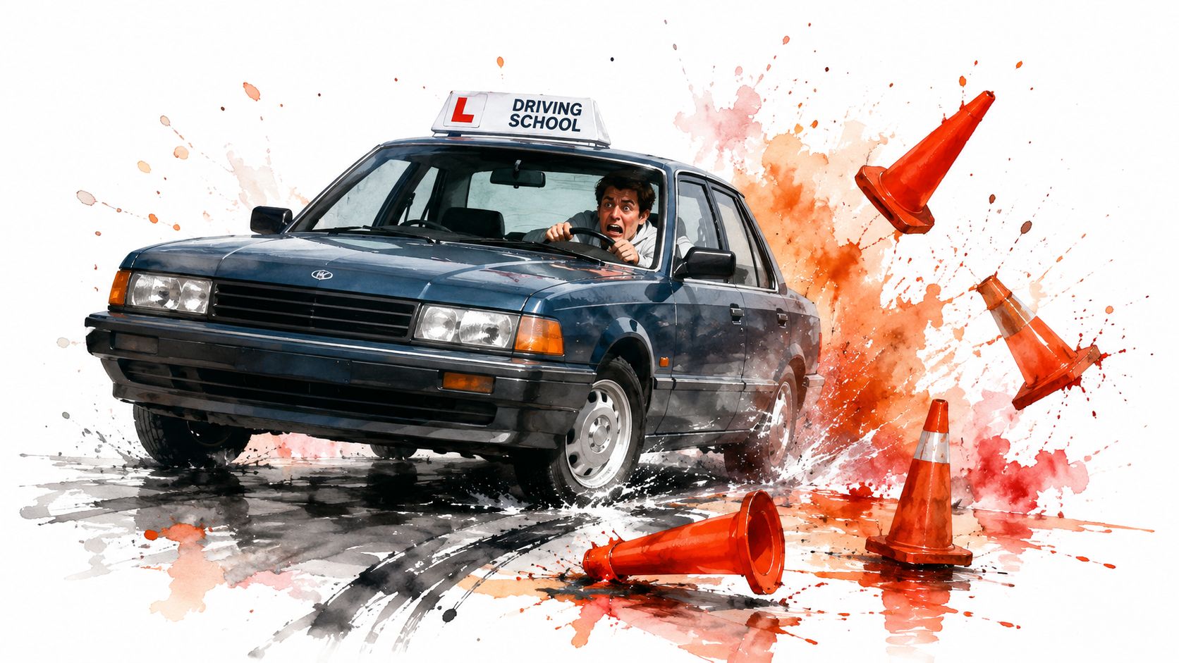 A panicked student driver behind the wheel of a car hitting orange traffic cones during a lesson.