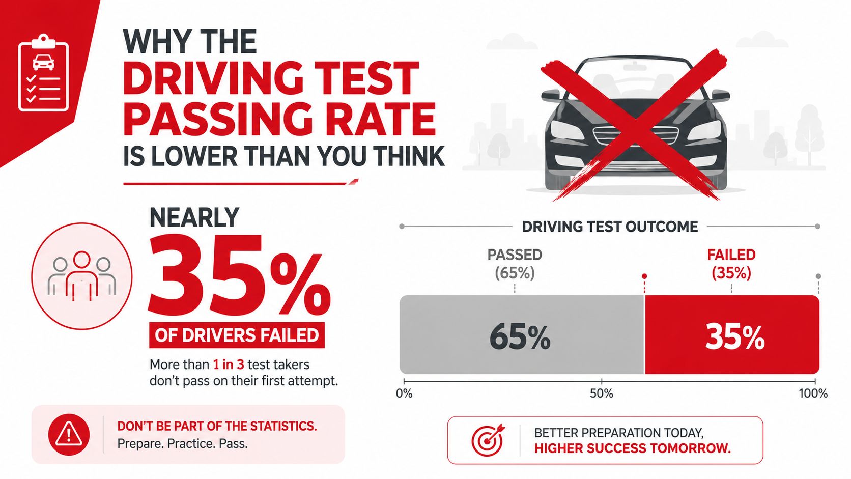 An infographic showing that 35% of people fail their driving test on their first attempt.