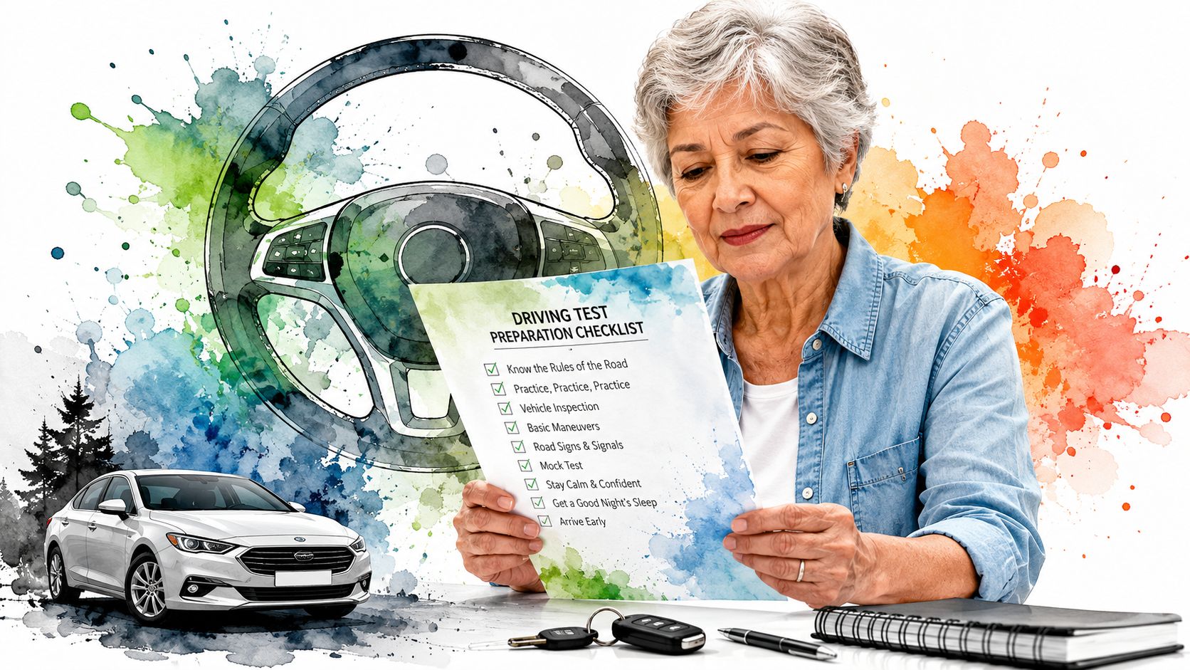 An elderly woman reading a driving test preparation checklist with a car and steering wheel in the background.