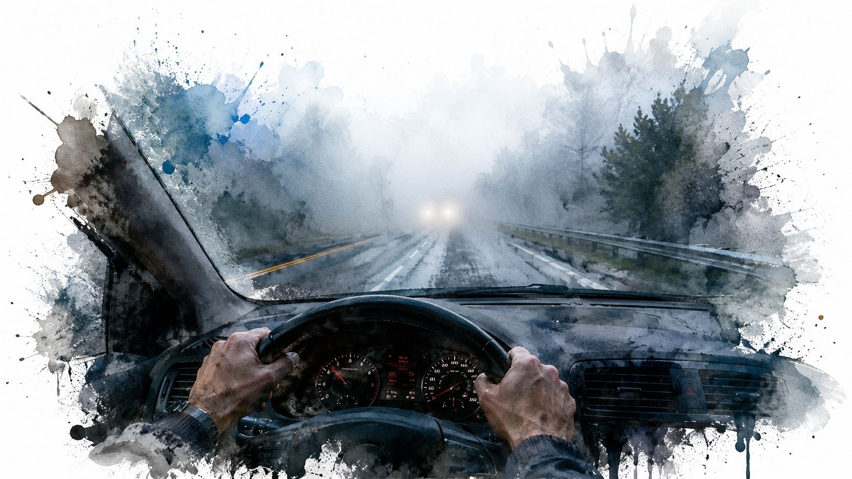 A first-person perspective of a driver navigating through thick, atmospheric fog on a wet highway.