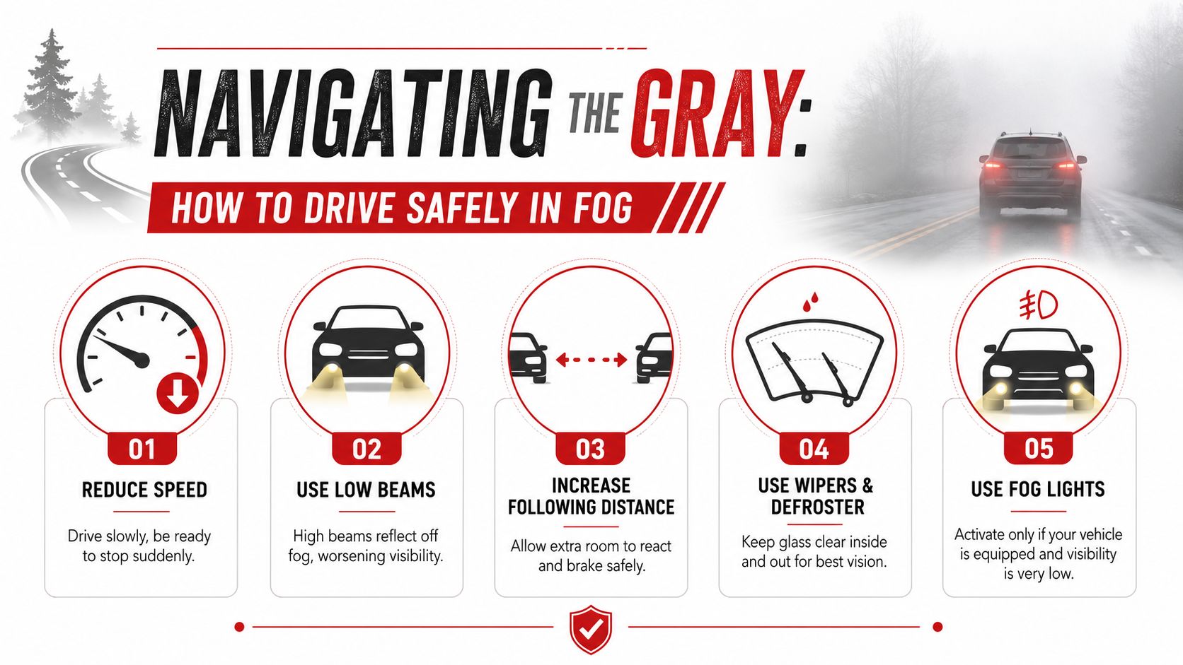 An infographic titled Navigating the Gray showing five essential safety tips for driving in foggy weather conditions.