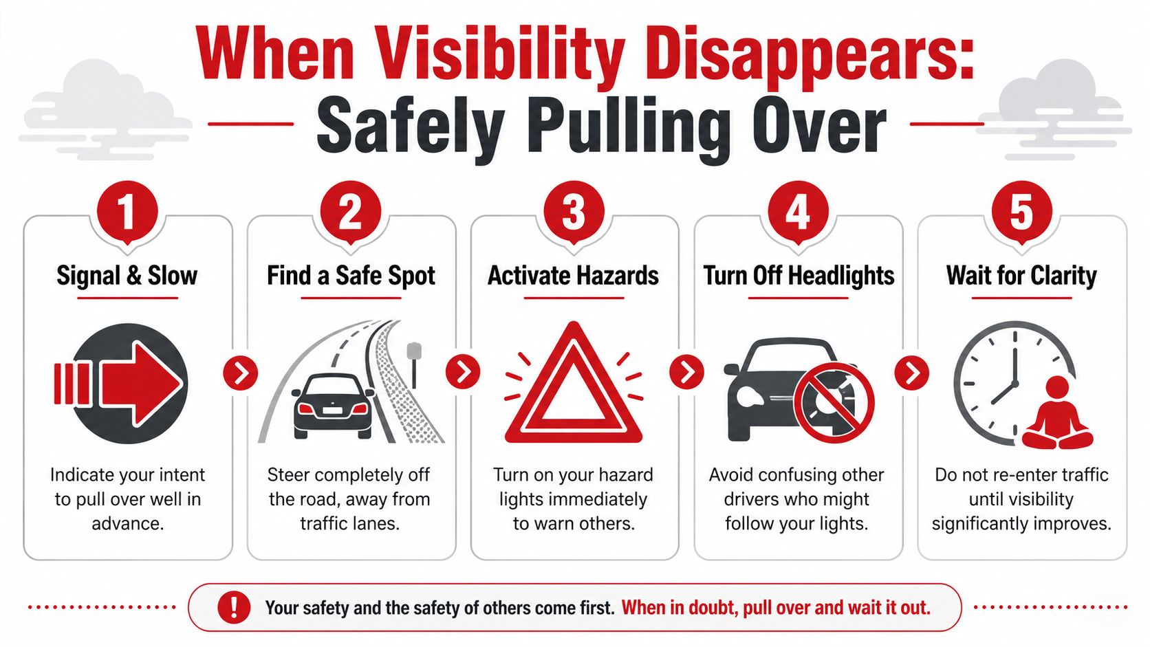 An infographic showing five steps for safely pulling over a vehicle when visibility is poor.
