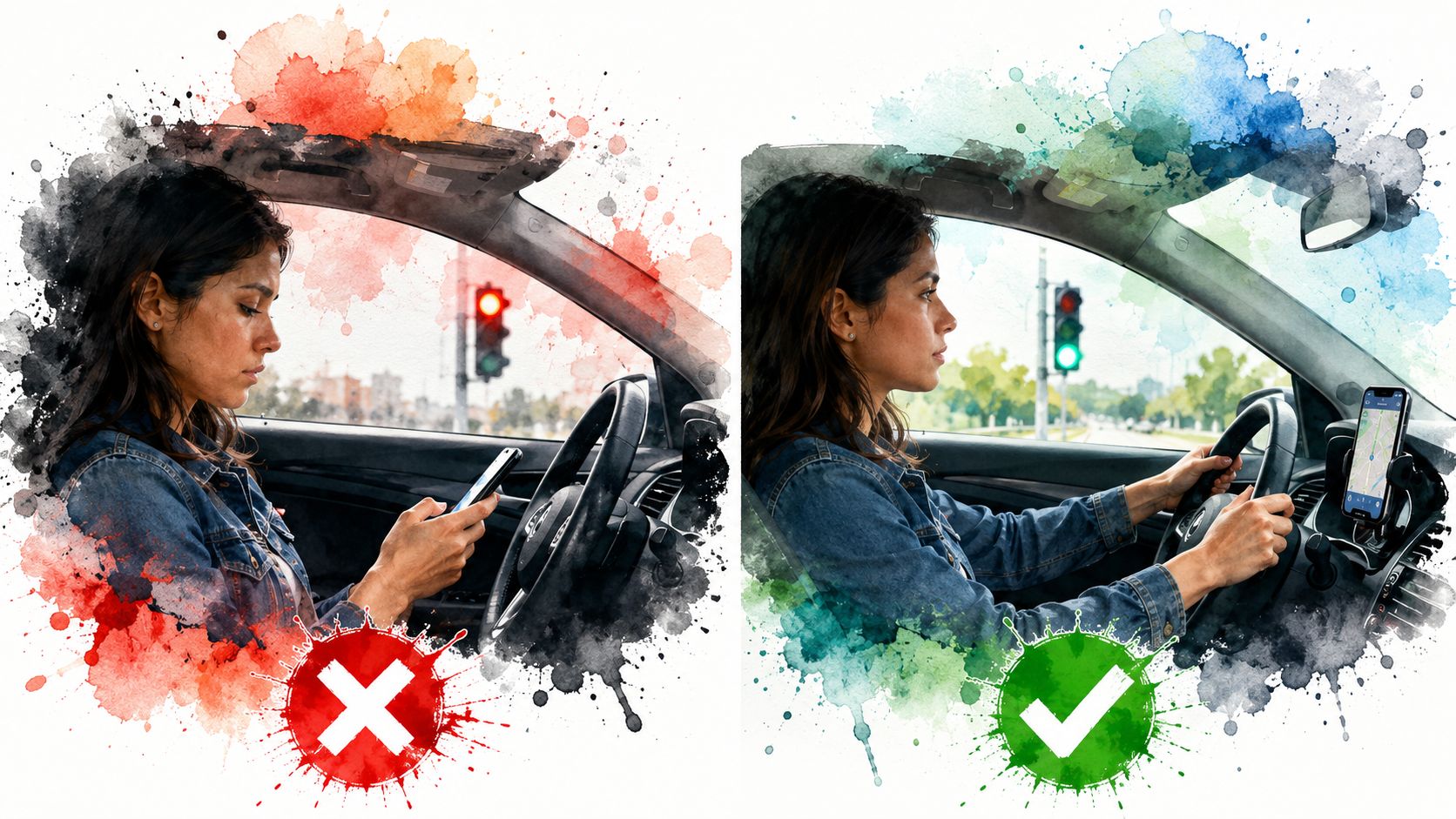 A split-screen comparison showing a driver distracted by a mobile phone versus a focused driver using navigation.