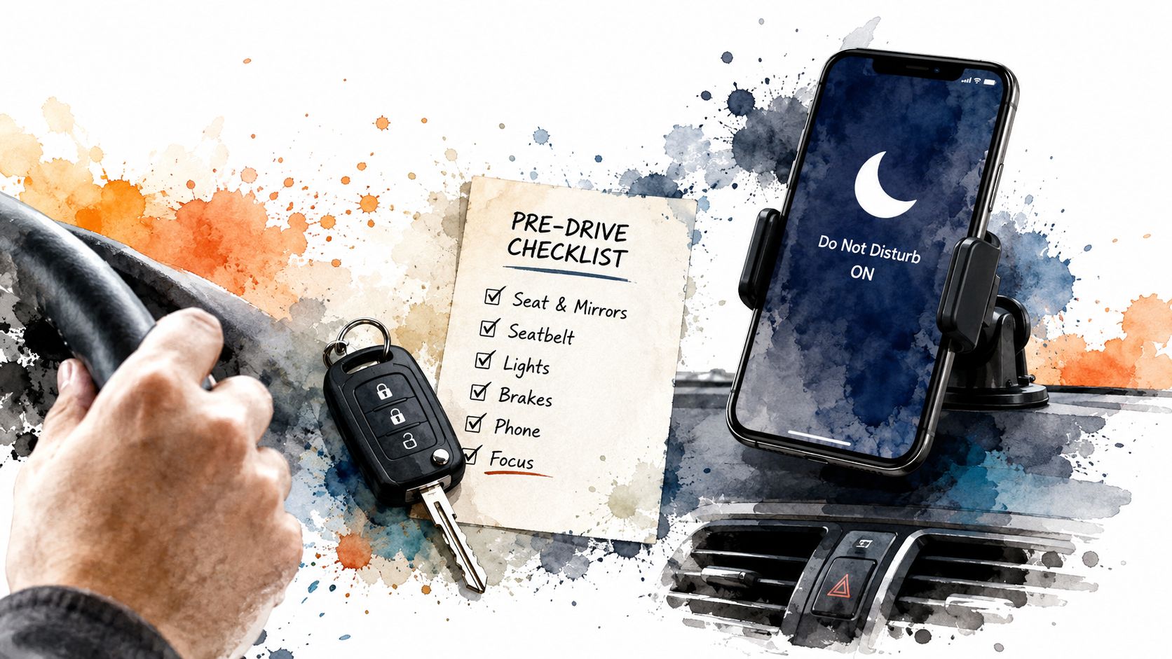 A pre-drive checklist note and a phone on Do Not Disturb mode inside a car.