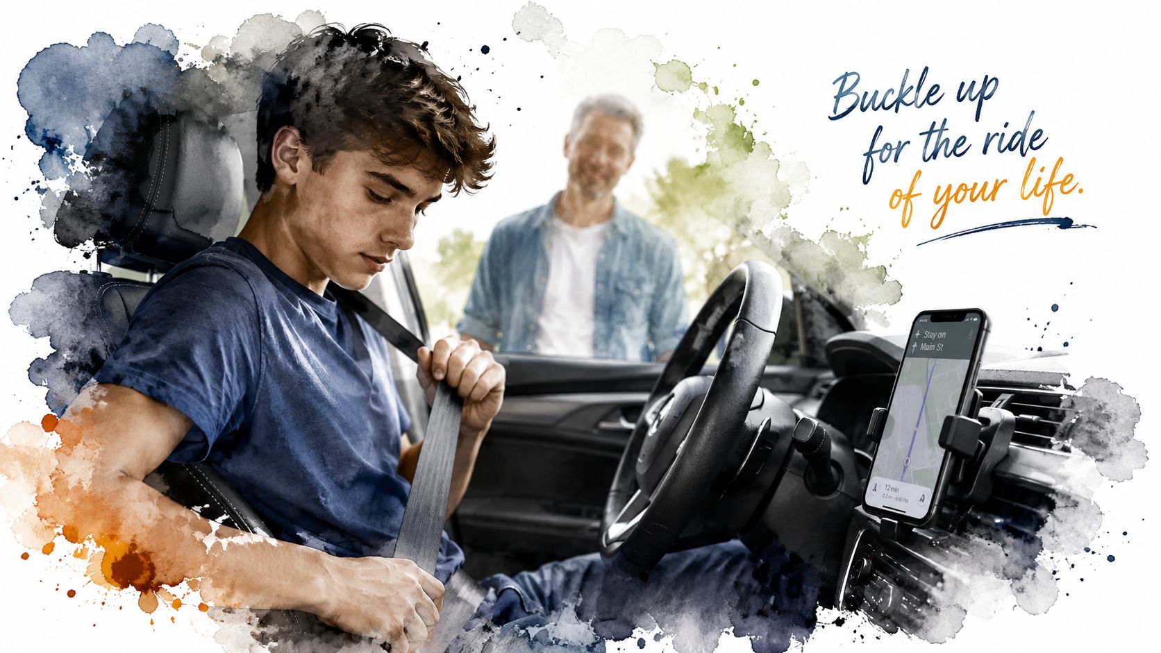 A young driver puts on his seatbelt while his father stands outside their vehicle.