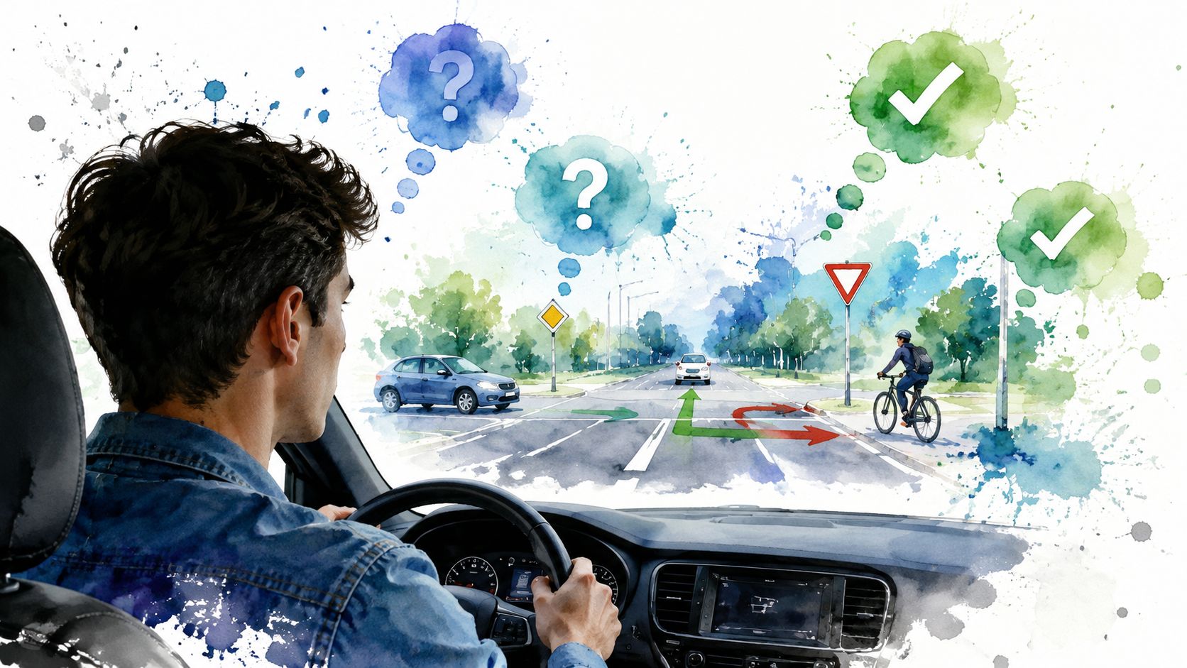 A driver focuses on the road, contemplating traffic right-of-way rules for cars and cyclists at an intersection.