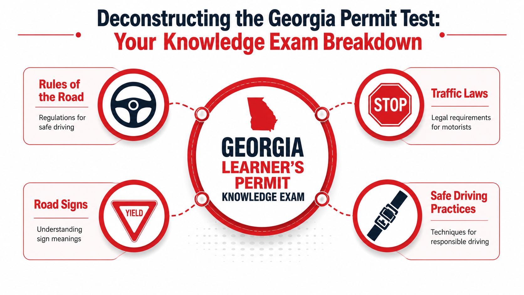 An infographic titled Deconstructing the Georgia Permit Test, displaying the four key areas of the knowledge exam.