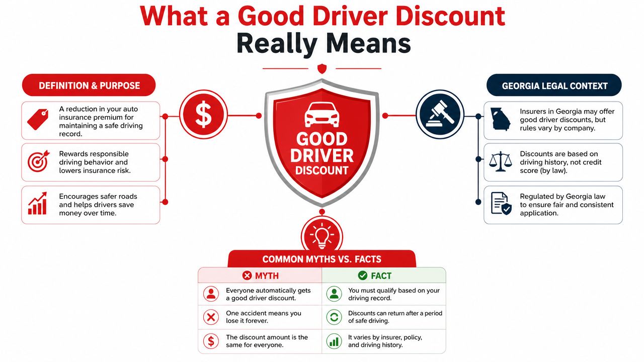 An infographic explaining the definition, legal context in Georgia, and common myths about good driver insurance discounts.