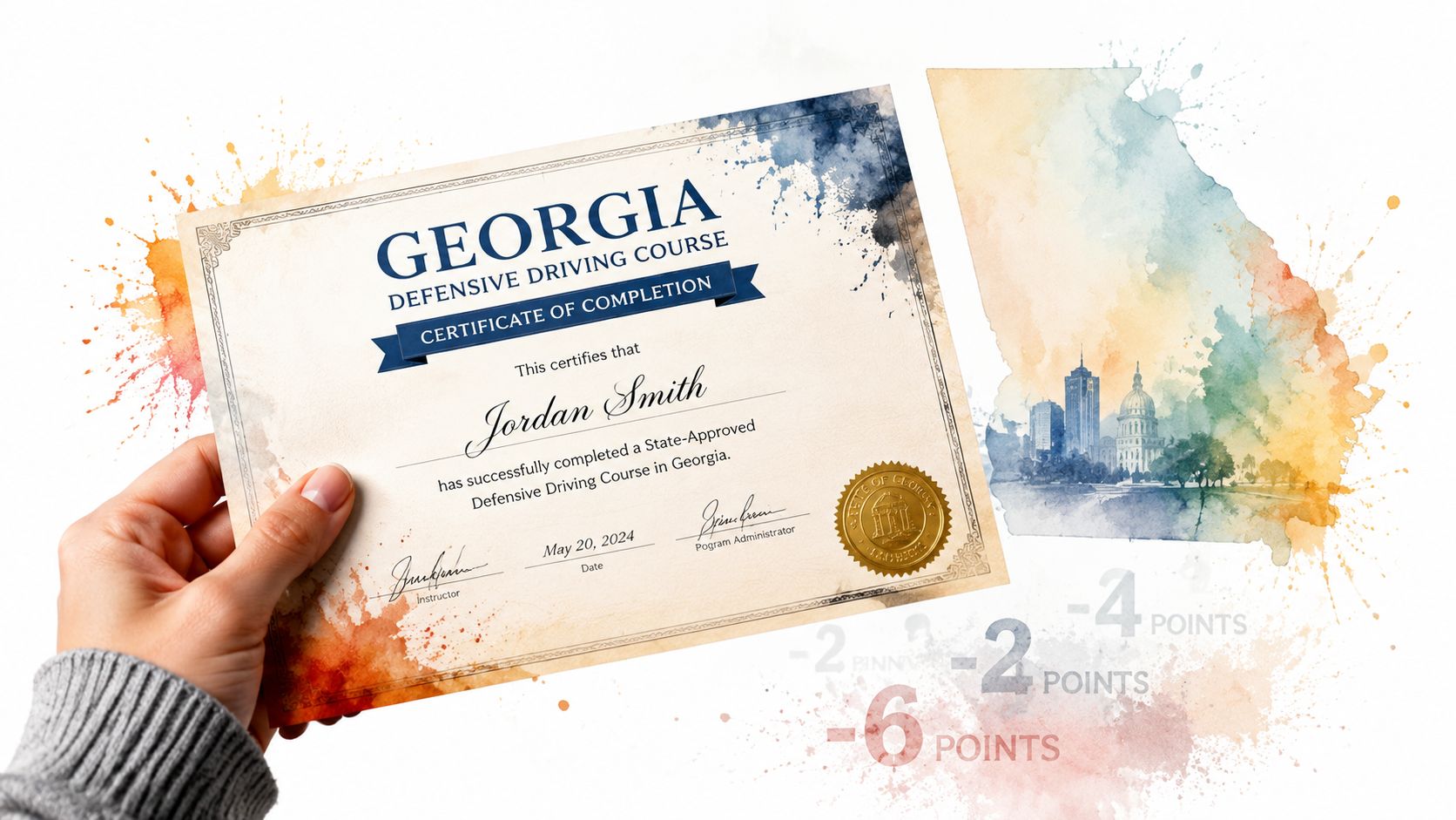 A hand holds a Georgia defensive driving course certificate of completion with negative points shown nearby.