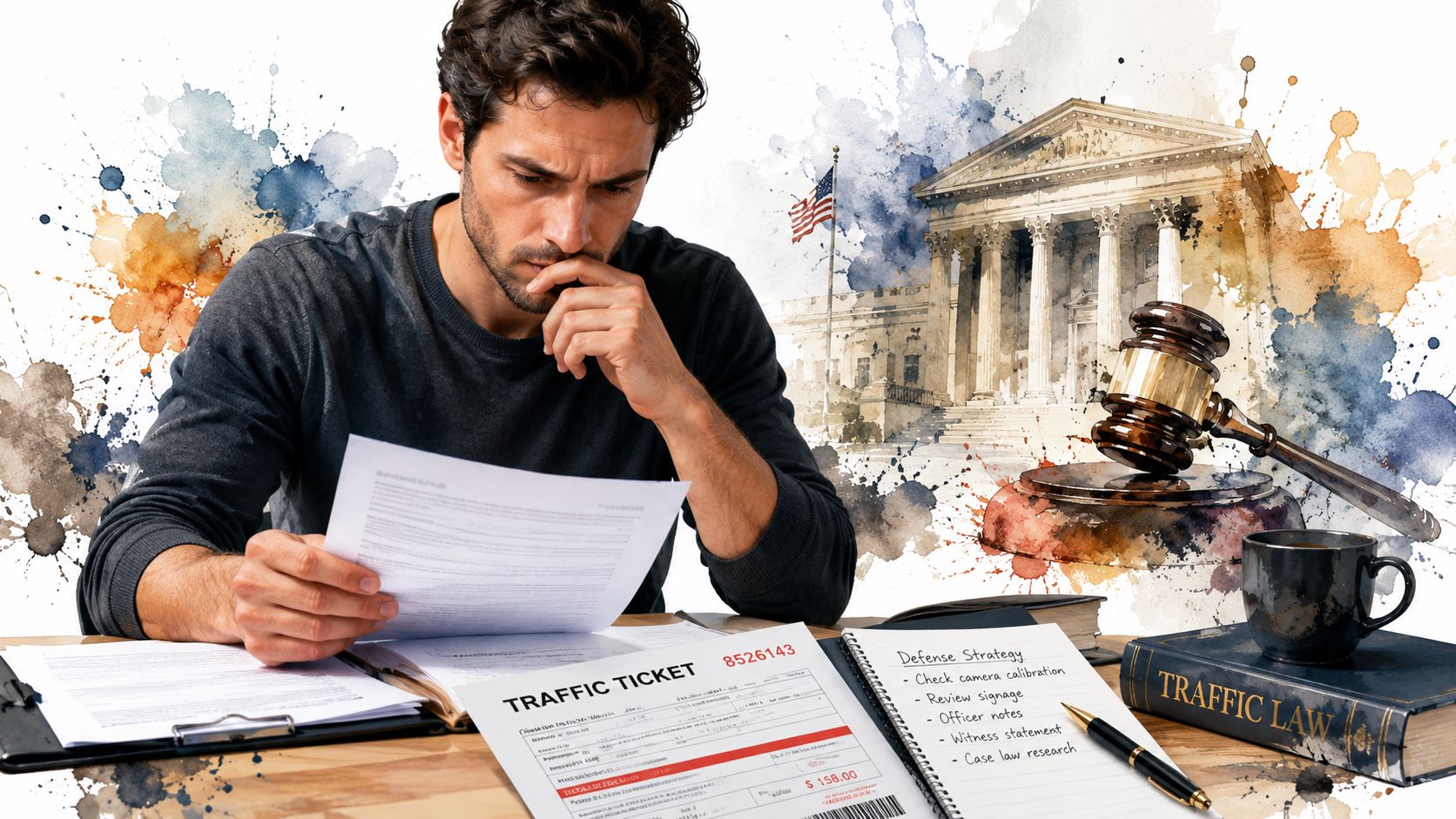 A man intensely reading a traffic ticket while planning a legal defense strategy at his desk.