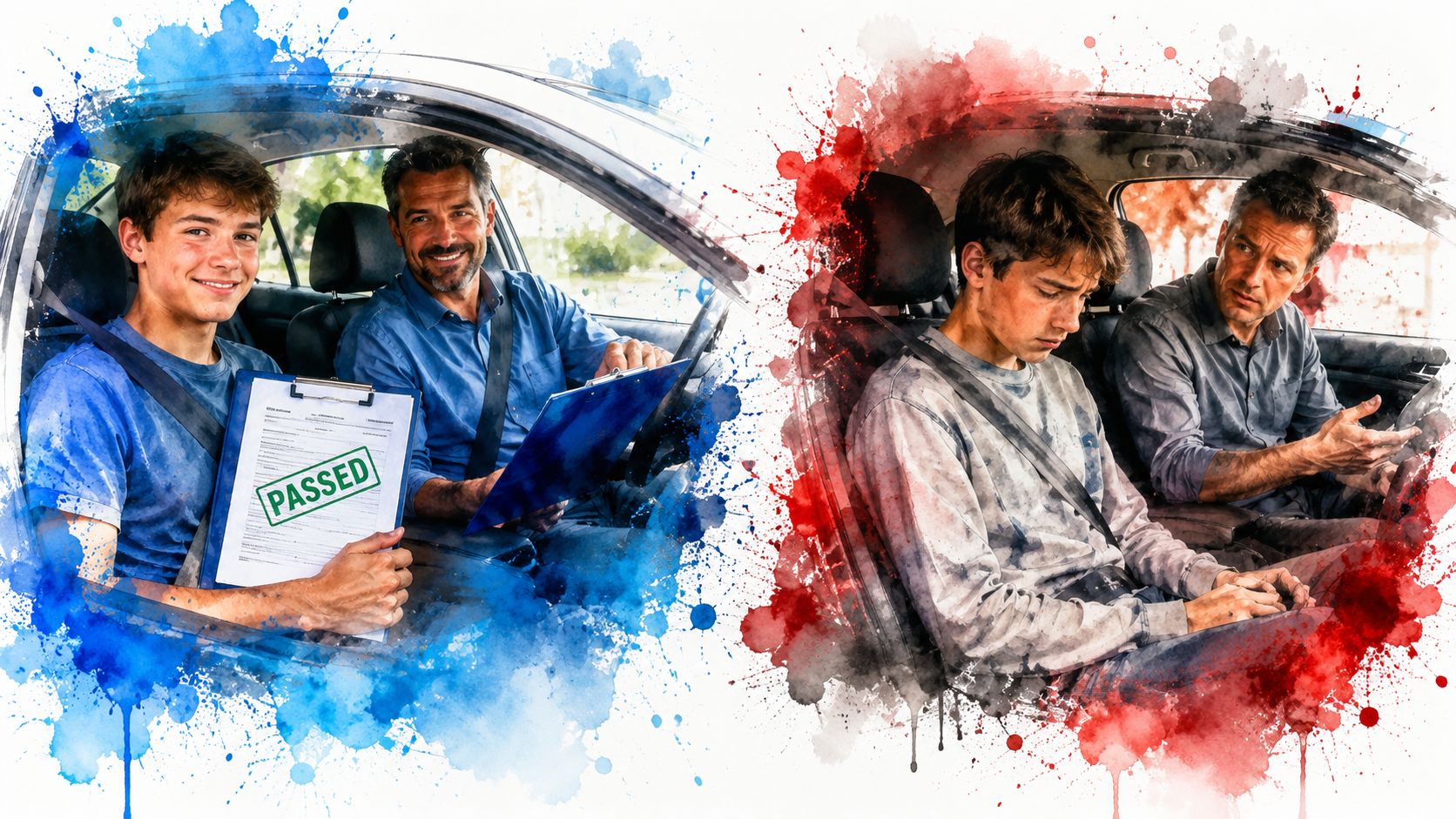 A split image showing a happy teenager passing his driving test alongside a disappointed student failing it.
