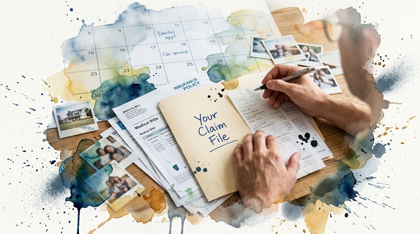 A person organizing insurance claim documents with medical bills and a calendar on a wooden desk.