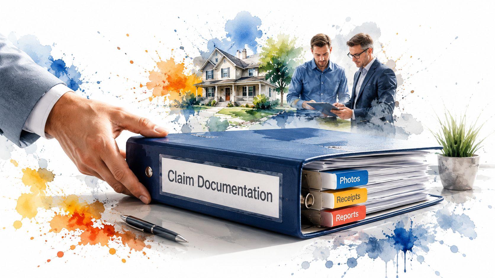 A hand holding a blue binder labeled Claim Documentation with insurance professionals and a house in background.
