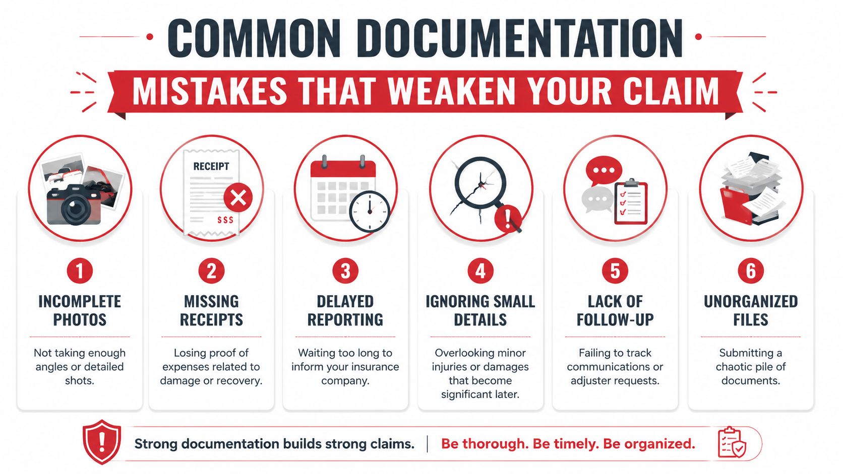 An infographic titled common documentation mistakes that weaken your insurance claim, featuring six numbered items and tips.