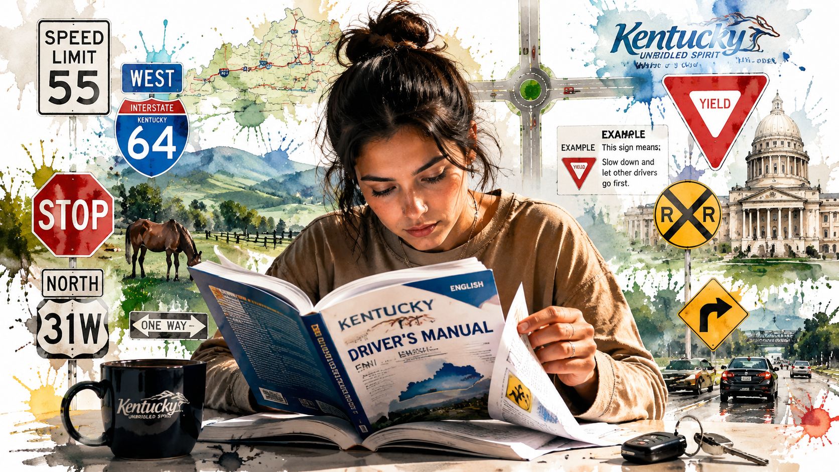 A young woman studies for her Kentucky driver's permit with a manual surrounded by state-themed traffic signs.
