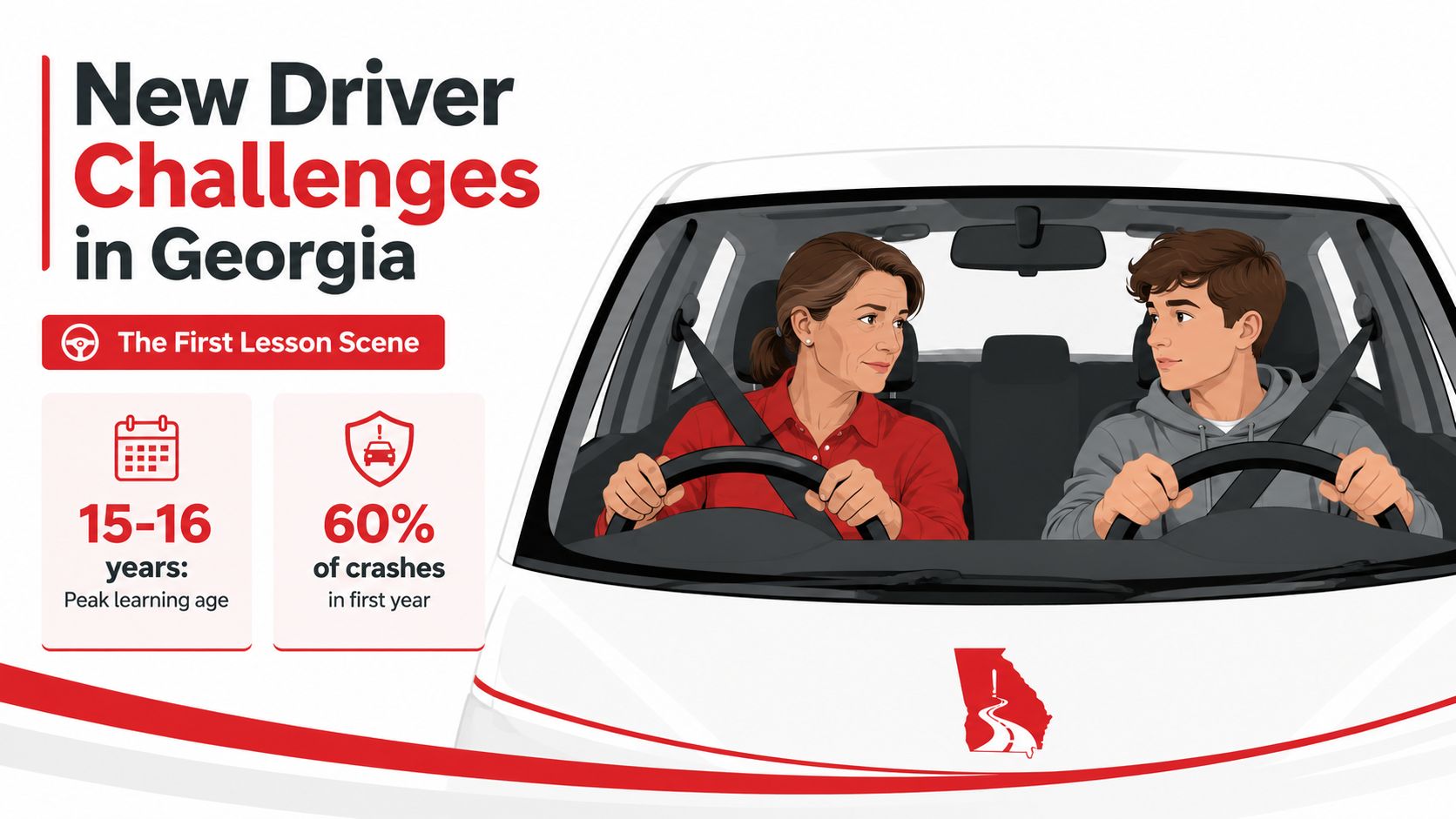 A woman and a young male student in a car representing new driver safety challenges in Georgia.