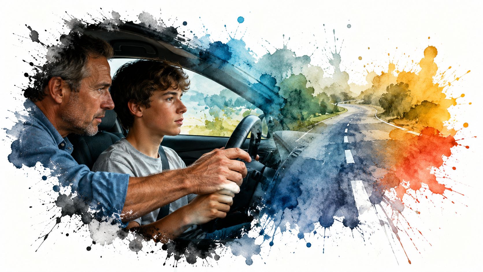 A father teaching his teenage son how to drive a car with a scenic road background.