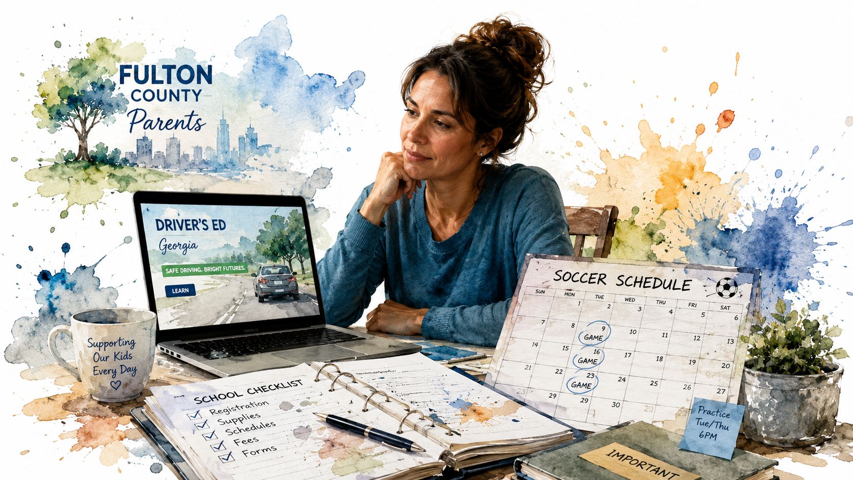 A mother sitting at her desk reviewing school checklists, soccer schedules, and online driver's education resources.