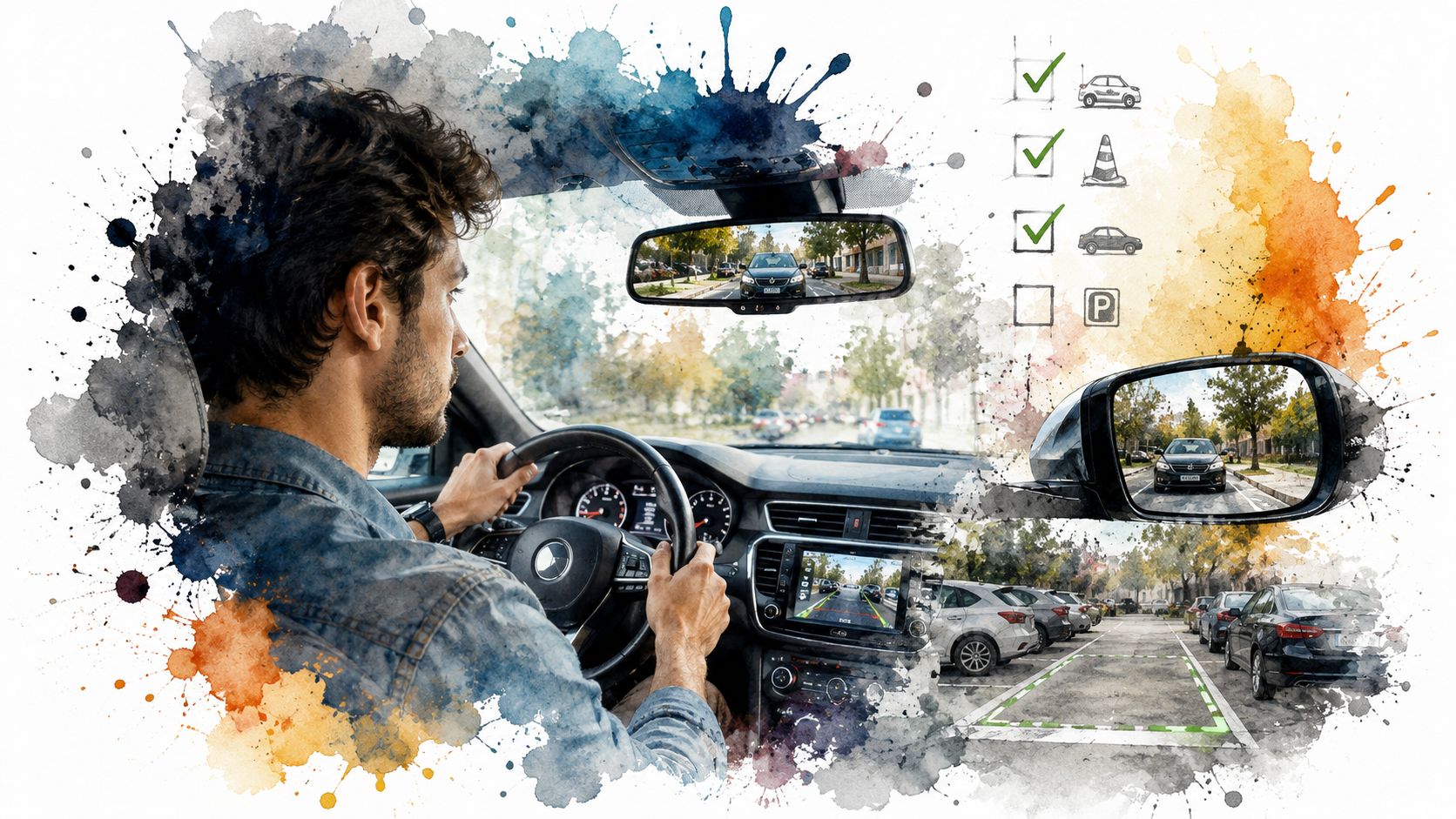 A man driving a car with parking assistance technology displayed through digital overlays and a side mirror view.