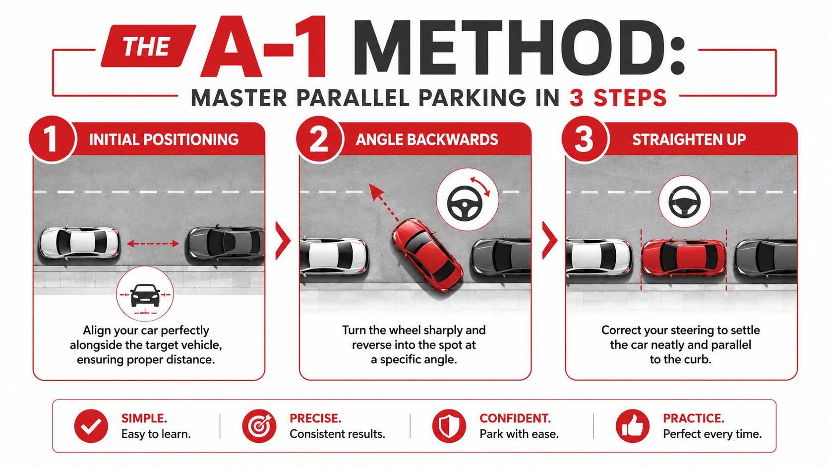 An infographic titled The A-1 Method illustrating three simple steps for successfully parallel parking a car.