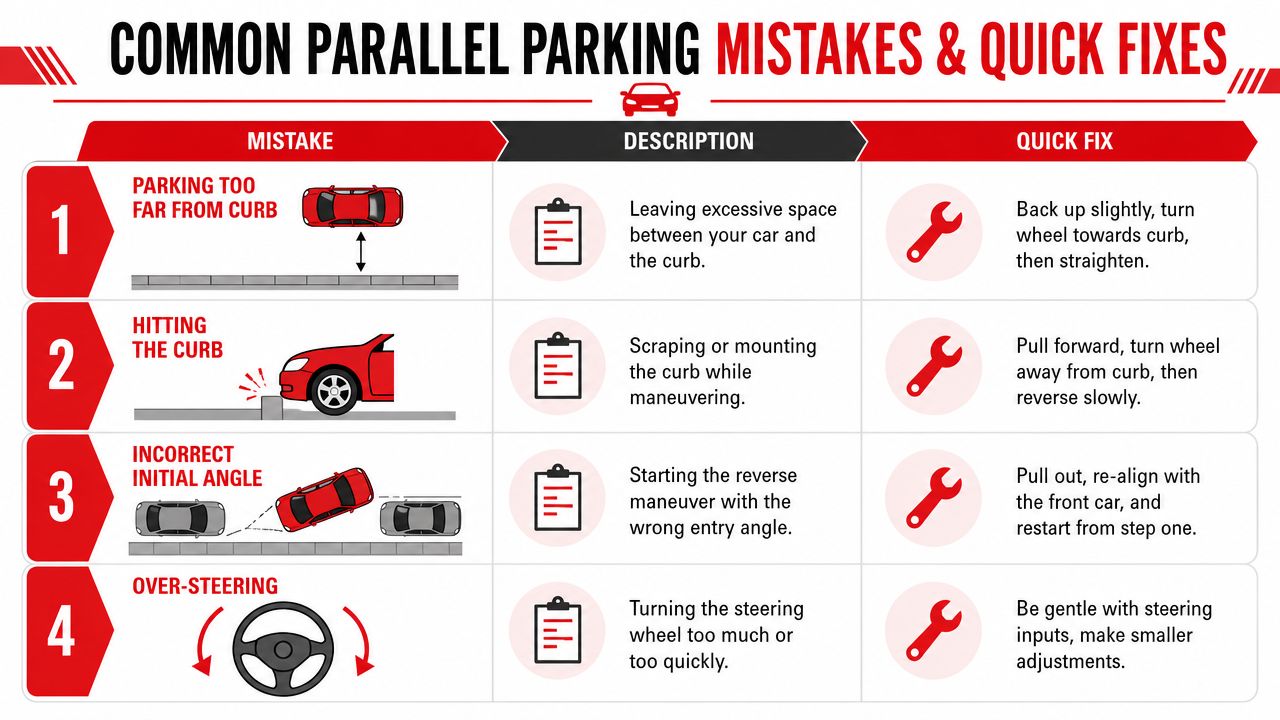 An infographic showing four common parallel parking mistakes with descriptions and quick fixes for better parking.