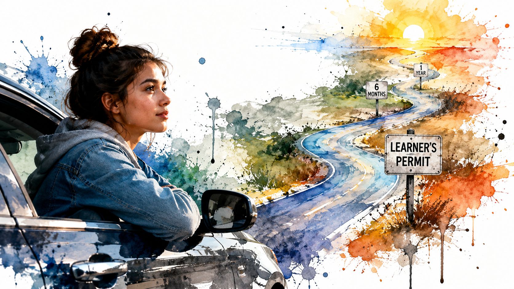 A young woman looking out of a car window towards a winding road symbolizing a driver's journey.