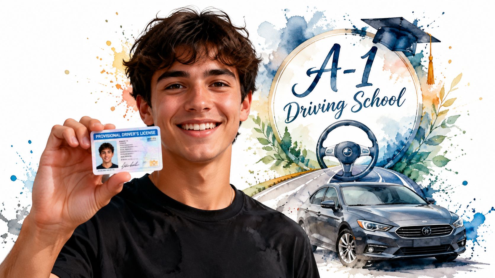 A happy young man holding up his new provisional driver license in front of a driving school graphic.