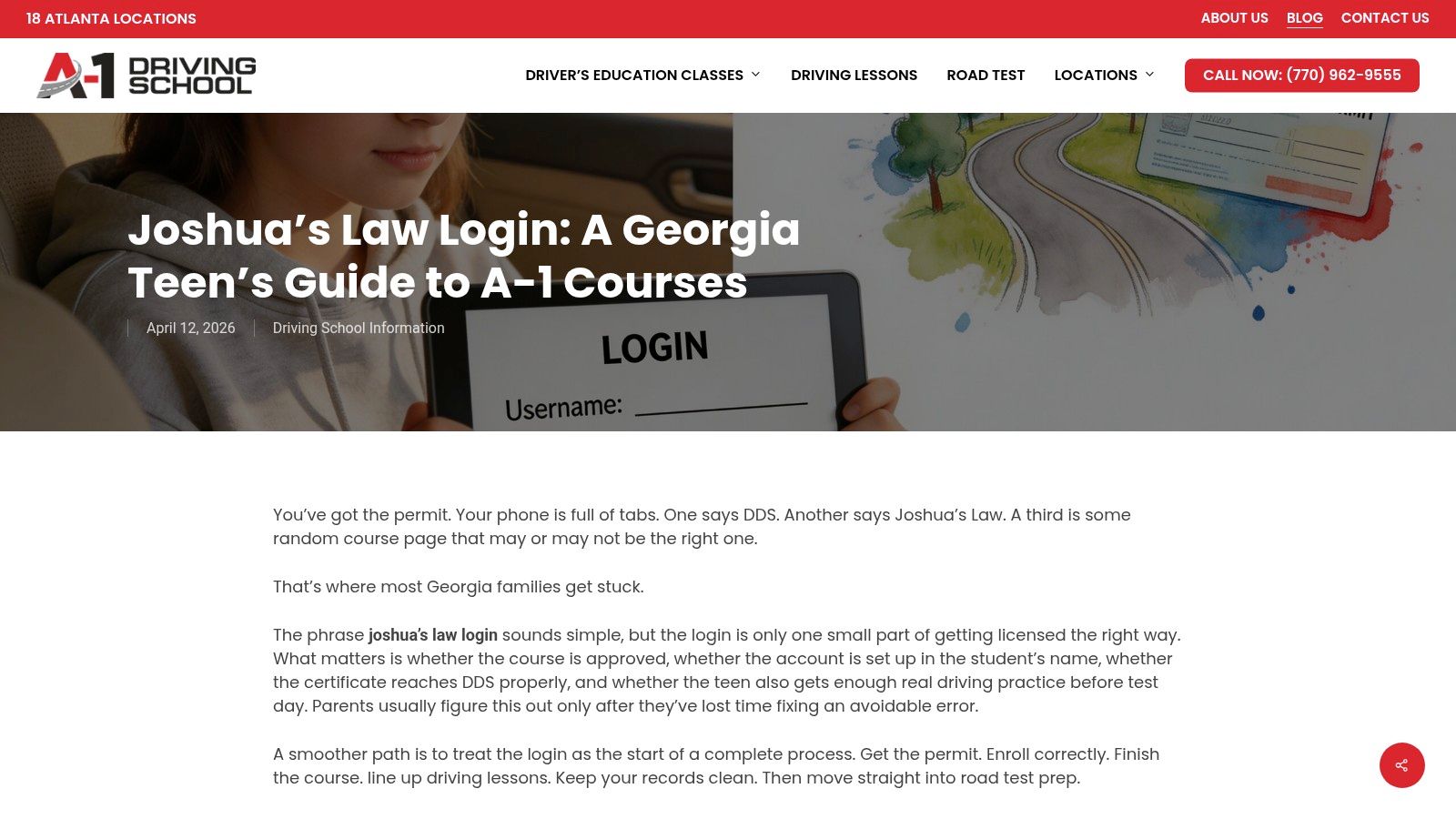 Screenshot from https://a1drivingschools.com/joshuas-law-course/