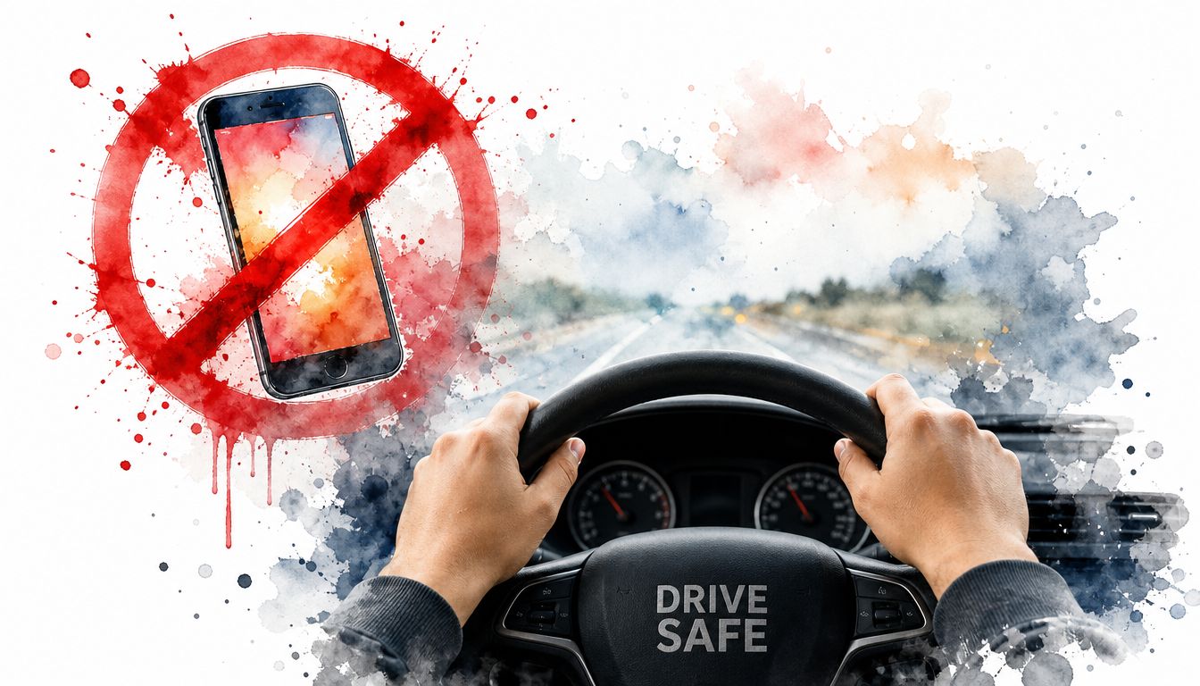 A person driving a car with a large no phone symbol and text reading drive safe