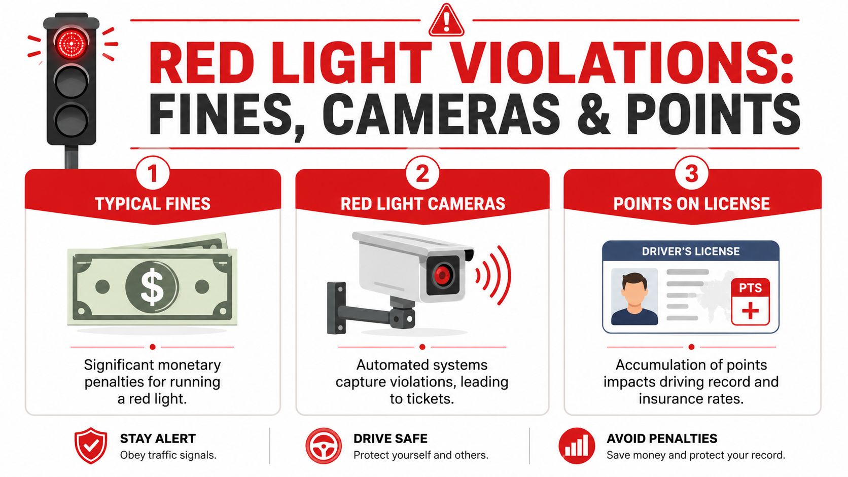 An infographic showing the consequences of red light violations including fines, cameras, and points on a license.