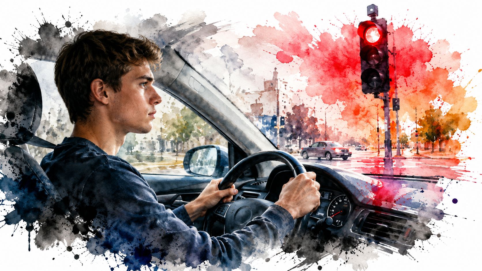 A young man driving a car and looking toward a bright red traffic light signal ahead.