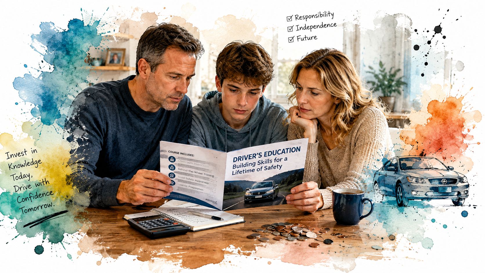 A family reviews a driver's education brochure together while sitting at a table with money and a calculator.