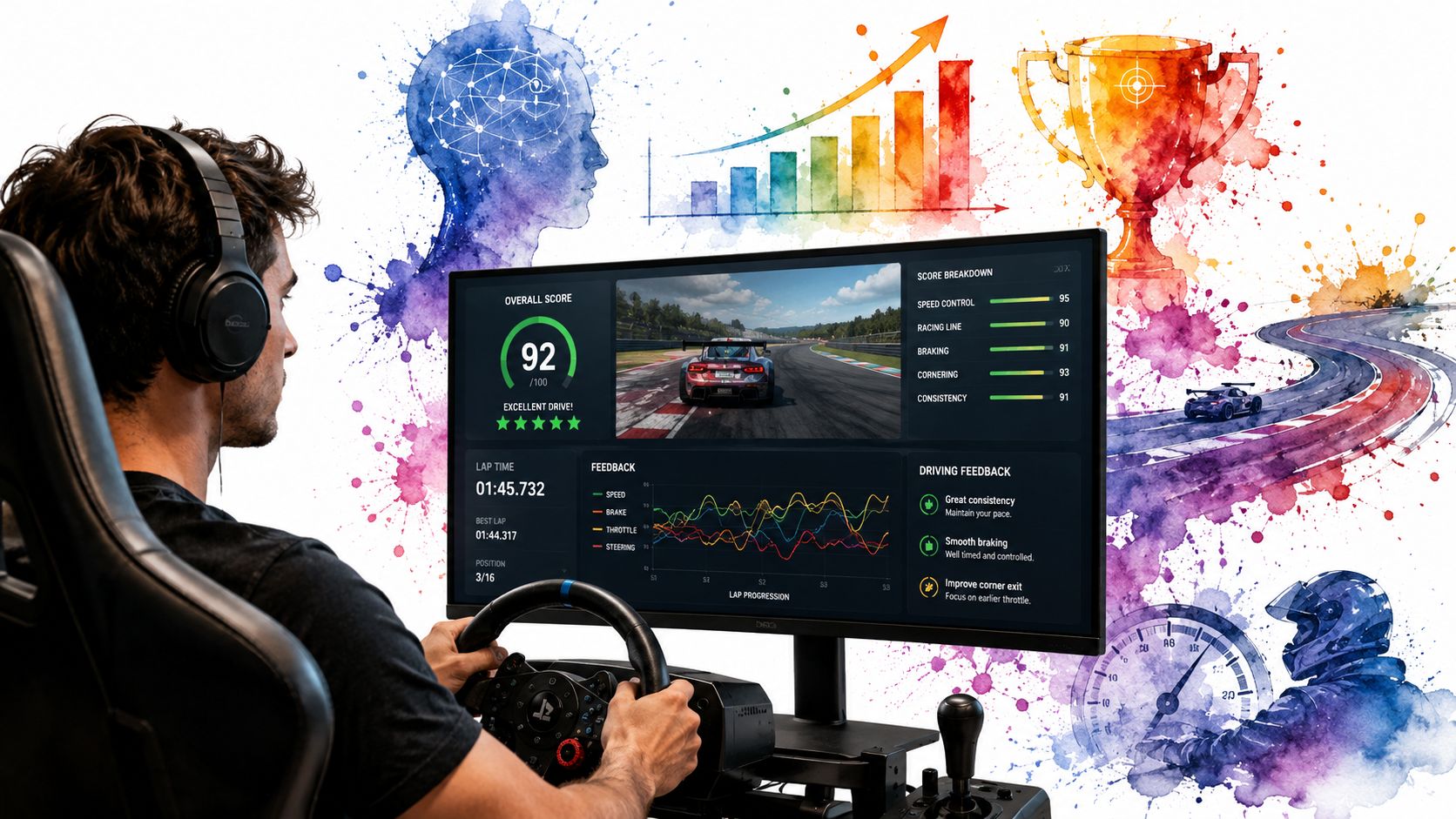A person using a virtual racing simulator with on-screen performance analytics and artistic watercolor graphics.