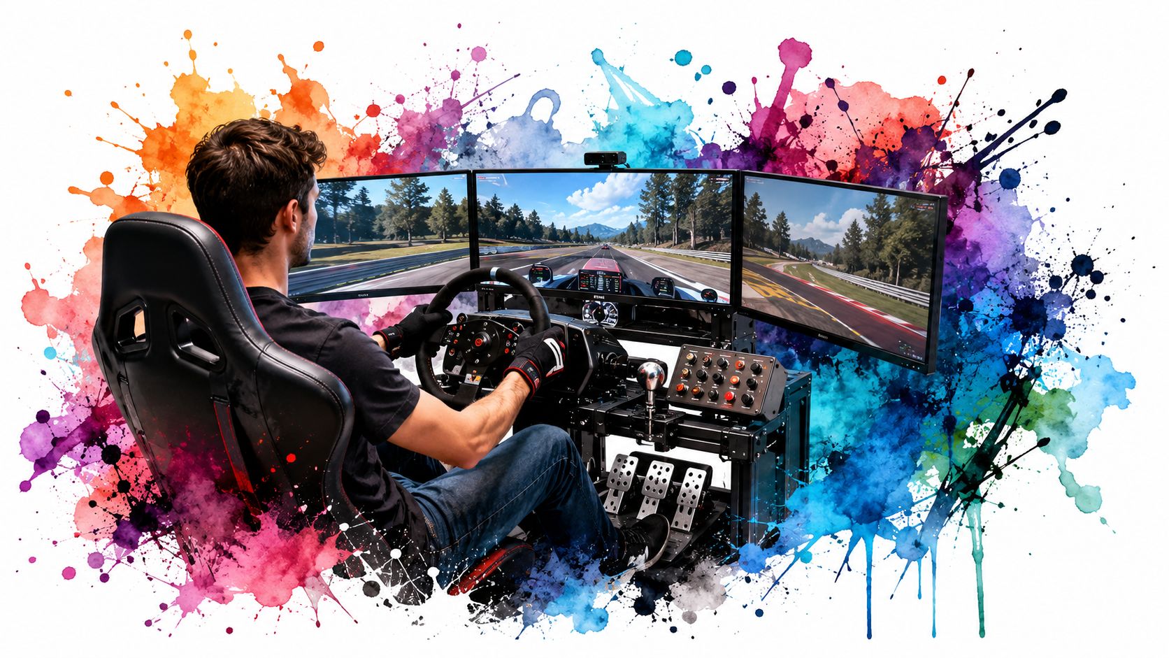 A person sitting in a racing simulator setup playing a realistic driving game on three monitors.