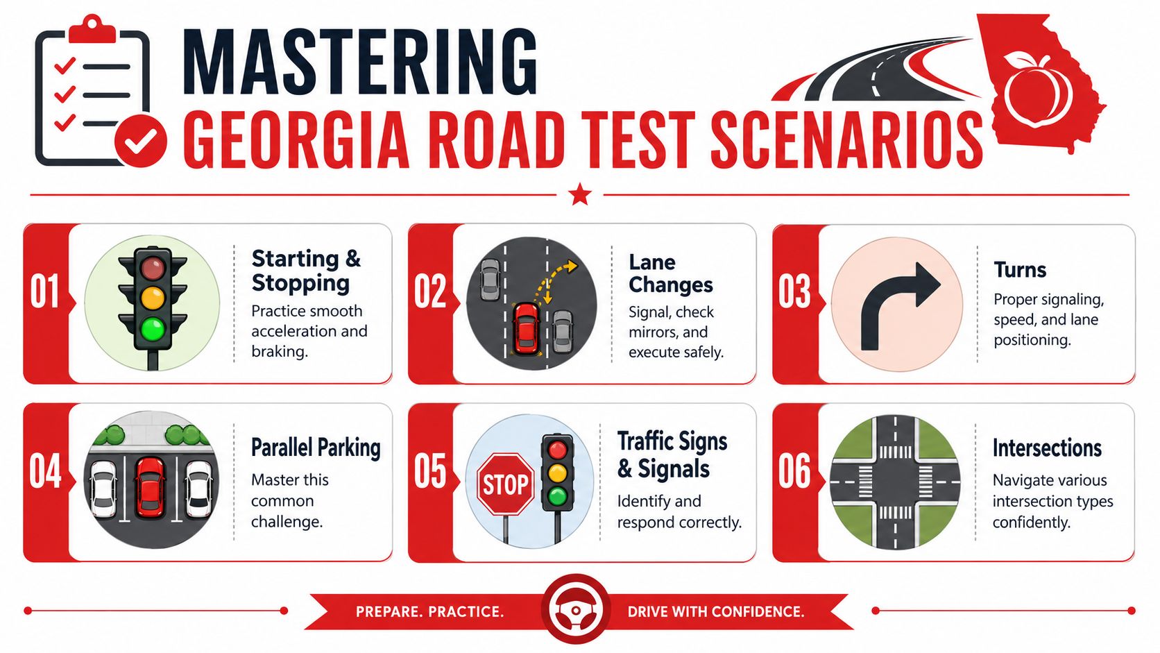 A visual guide outlining six essential road test scenarios for new drivers practicing in Georgia.