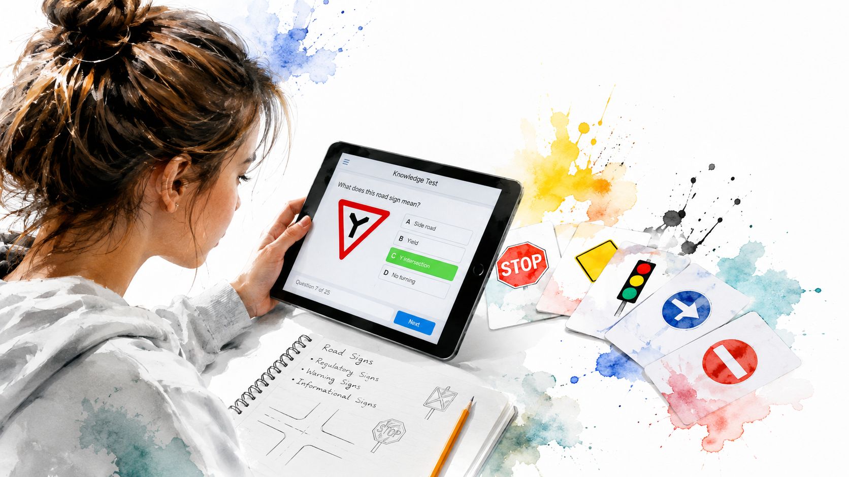 A woman studying road signs on a digital tablet for her upcoming driving knowledge test.