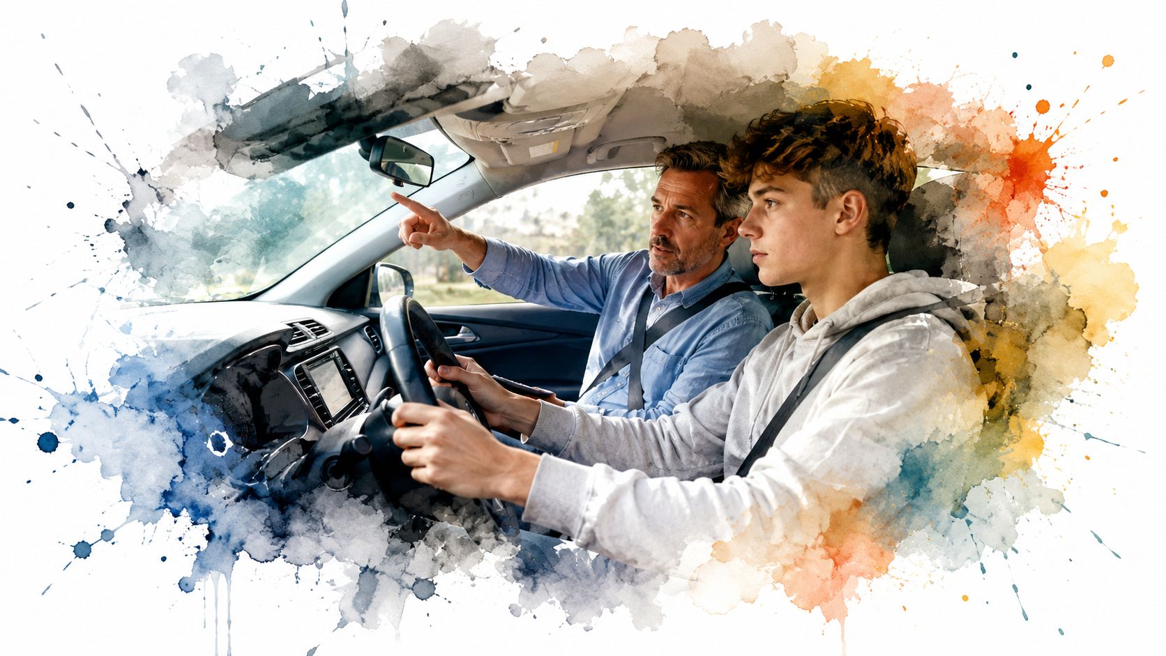 A driving instructor points out directions to a teenager during a driving lesson inside a car.