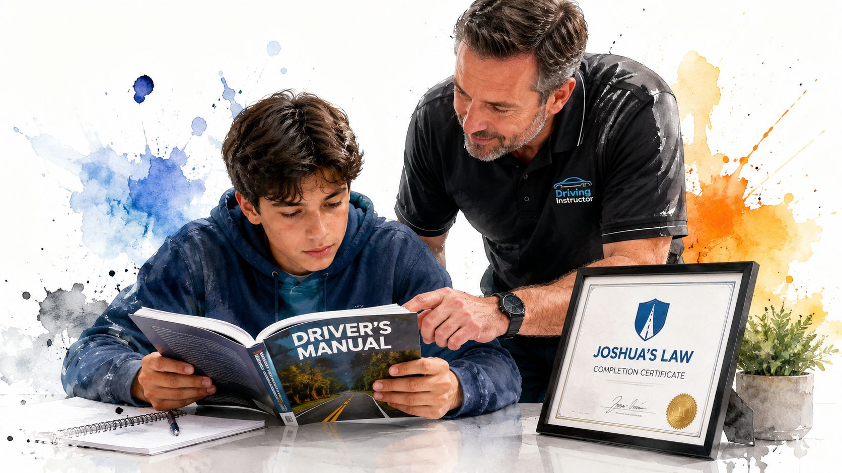 A driving instructor helping a young student study a driver's manual for their upcoming driving test.