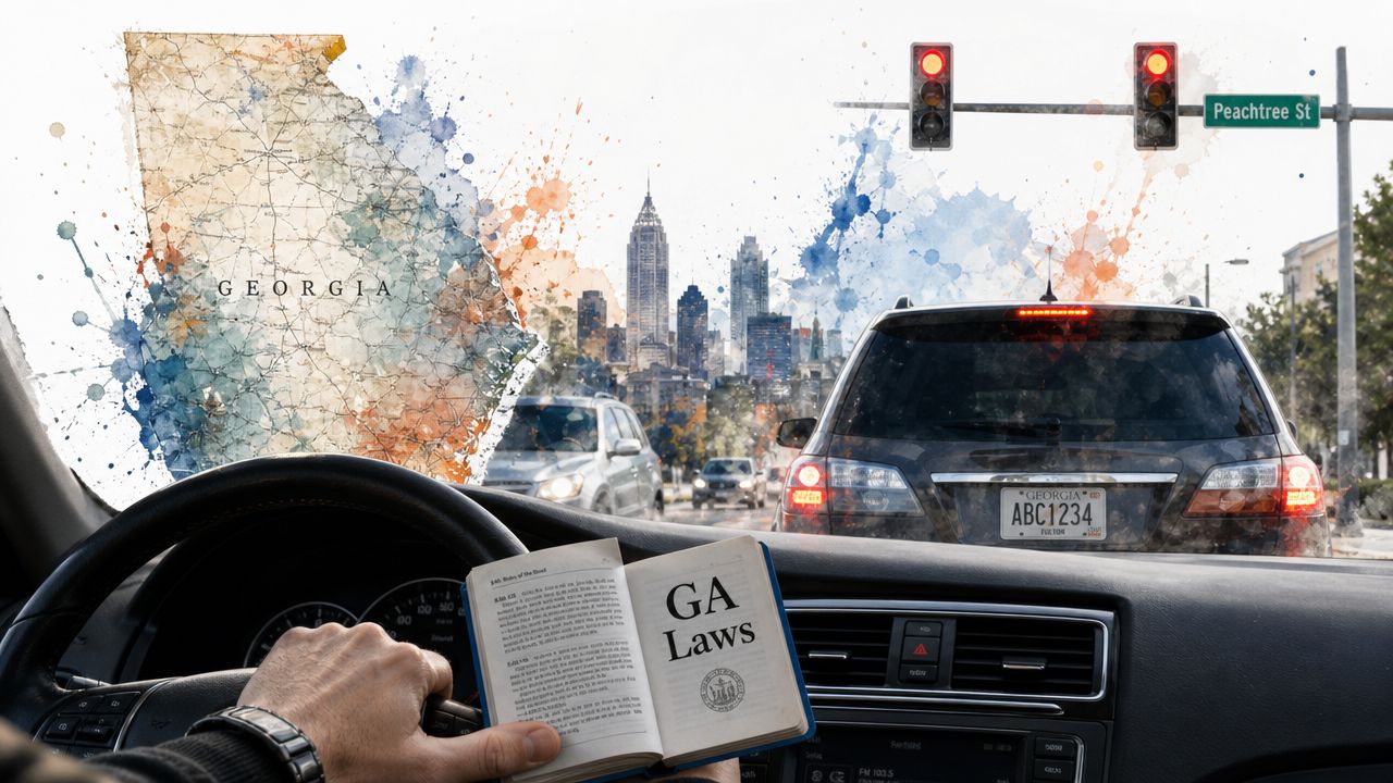 A person reading a Georgia law book while driving in city traffic approaching a red light.