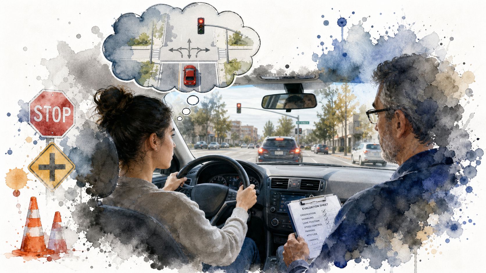 A driving instructor evaluating a student during a driving lesson as she approaches a red traffic light.