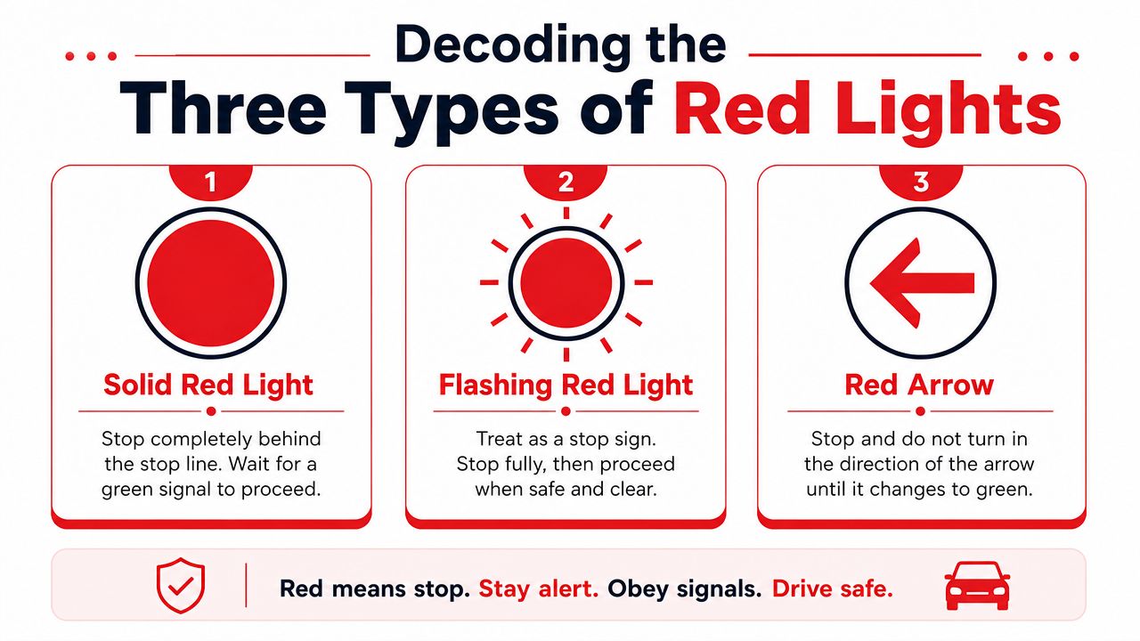 An infographic explaining the meaning of solid red lights, flashing red lights, and red traffic arrows.