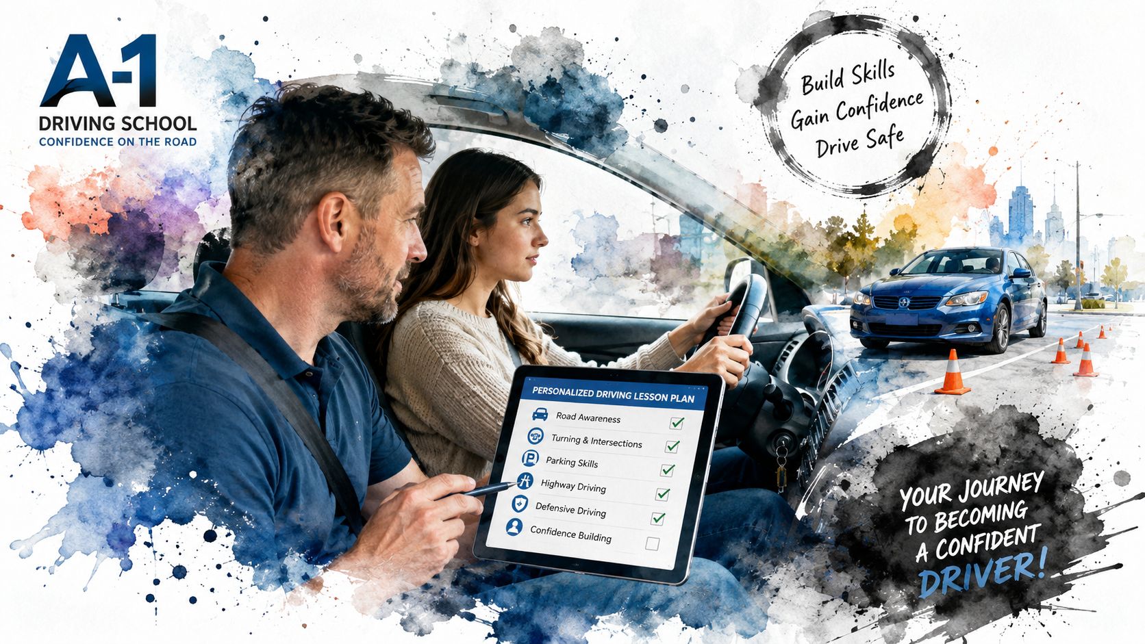 A driving instructor reviews a personalized lesson plan on a tablet with a student during a driving lesson.