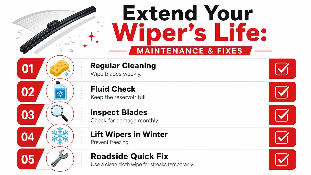 An infographic showing five essential maintenance and repair tips to extend the lifespan of windshield wipers.