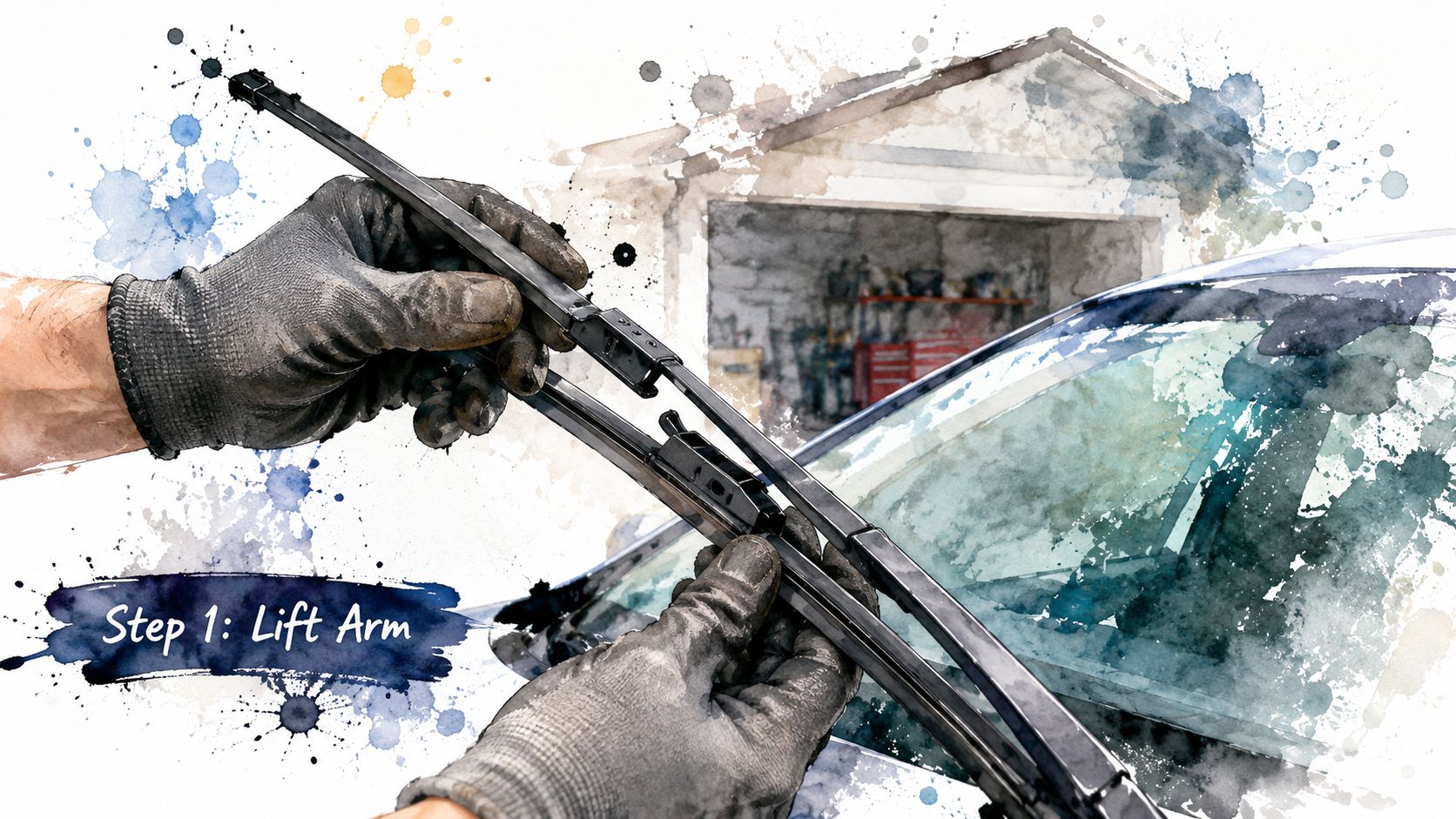 A person in work gloves replacing a car windshield wiper blade in a garage setting.