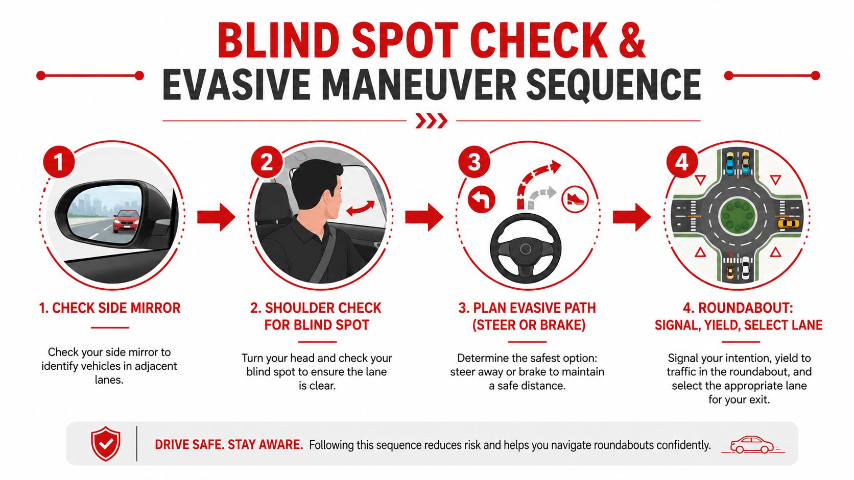 A four-step instructional graphic explaining the blind spot check and evasive maneuvering sequence for safe roundabout navigation.