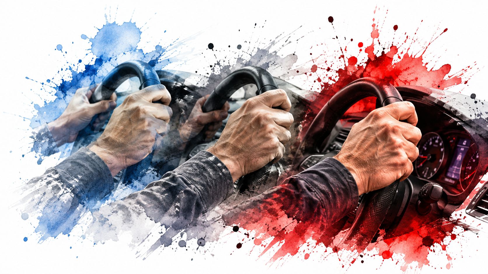 A close-up of a person holding a car steering wheel with colorful blue and red ink splatters.