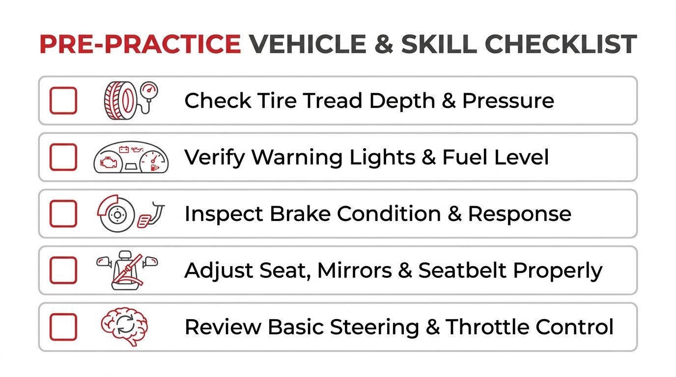 A checklist titled Pre-Practice Vehicle & Skill Checklist with icons for tires, dashboard, brakes, seats, and brain.