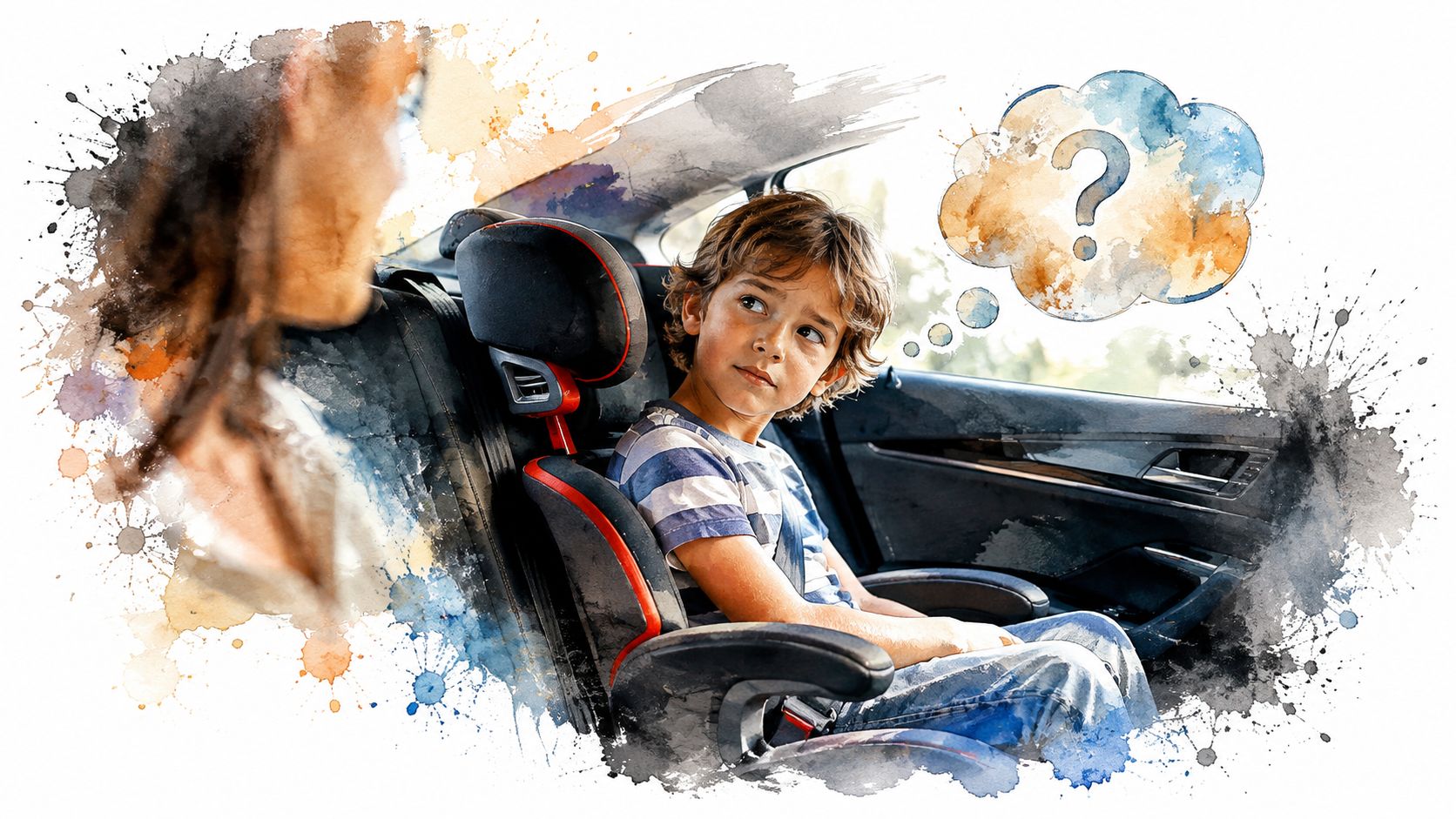 A young boy sitting in a booster seat inside a car, looking at his mother thoughtfully.